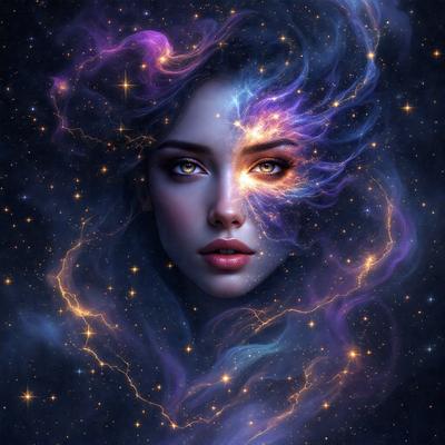 The primary subject of the image is a woman with long hair, who is the main focus of the scene. She is surrounded by a purple and blue background, which adds to the overall mood of the image. The visual style of the image is digital art, as it is a detailed and intricate representation of the woman. The colors and mood of the image are vibrant and lively, with the purple and blue hues creating a sense of depth and beauty.